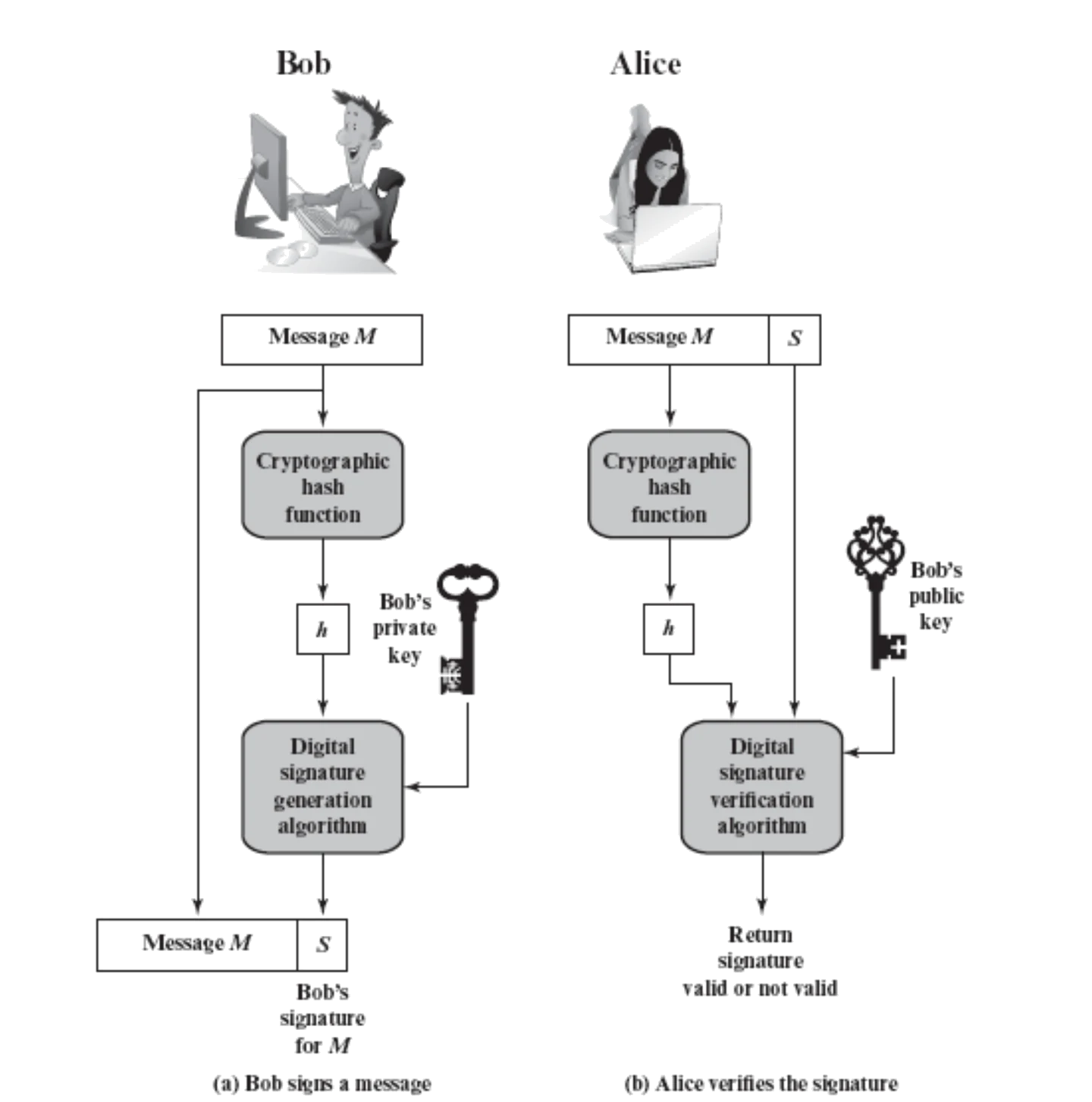 Stallings Figure 13.1 两列流程：左列 Bob 把消息 M 先过 cryptographic hash function 得到 h，再用 Bob's private key 跑 digital signature generation algorithm 得到签名 S，输出 M 和 S；右列 Alice 收到 M 和 S，把 M 重新哈希得 h，用 Bob's public key 跑 verification algorithm，返回 signature valid or not valid